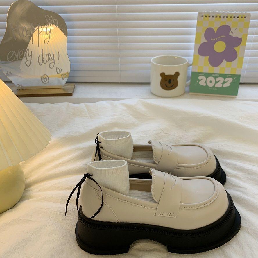 White retro loafers British style versatile height increase muffin thick sole with skirt small leather shoes one pedal