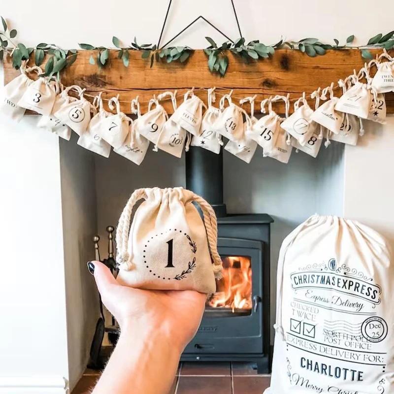 

2025 Christmas Advent Calendar Bag Merry Xmas Eve Stocking Home Door Table Fireplace Mantle Decoration Kid Boy Girl Gift Present number 1 to 24 bags&10x14cm