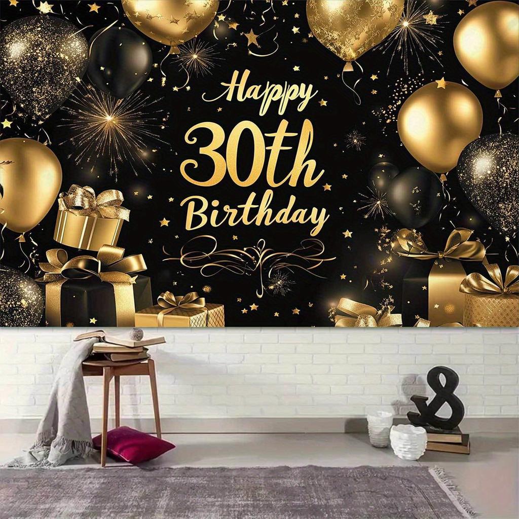 One-piece Photo Background Banner - Elegant Black and Gold "Happy 30th Birthday" Theme 2D Flat Background Fabric