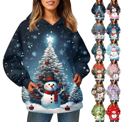 Damenmode Langarm Pullover Weihnachten Schneemann Schneeflocke Druck Kapuzentasche Sweatshirt