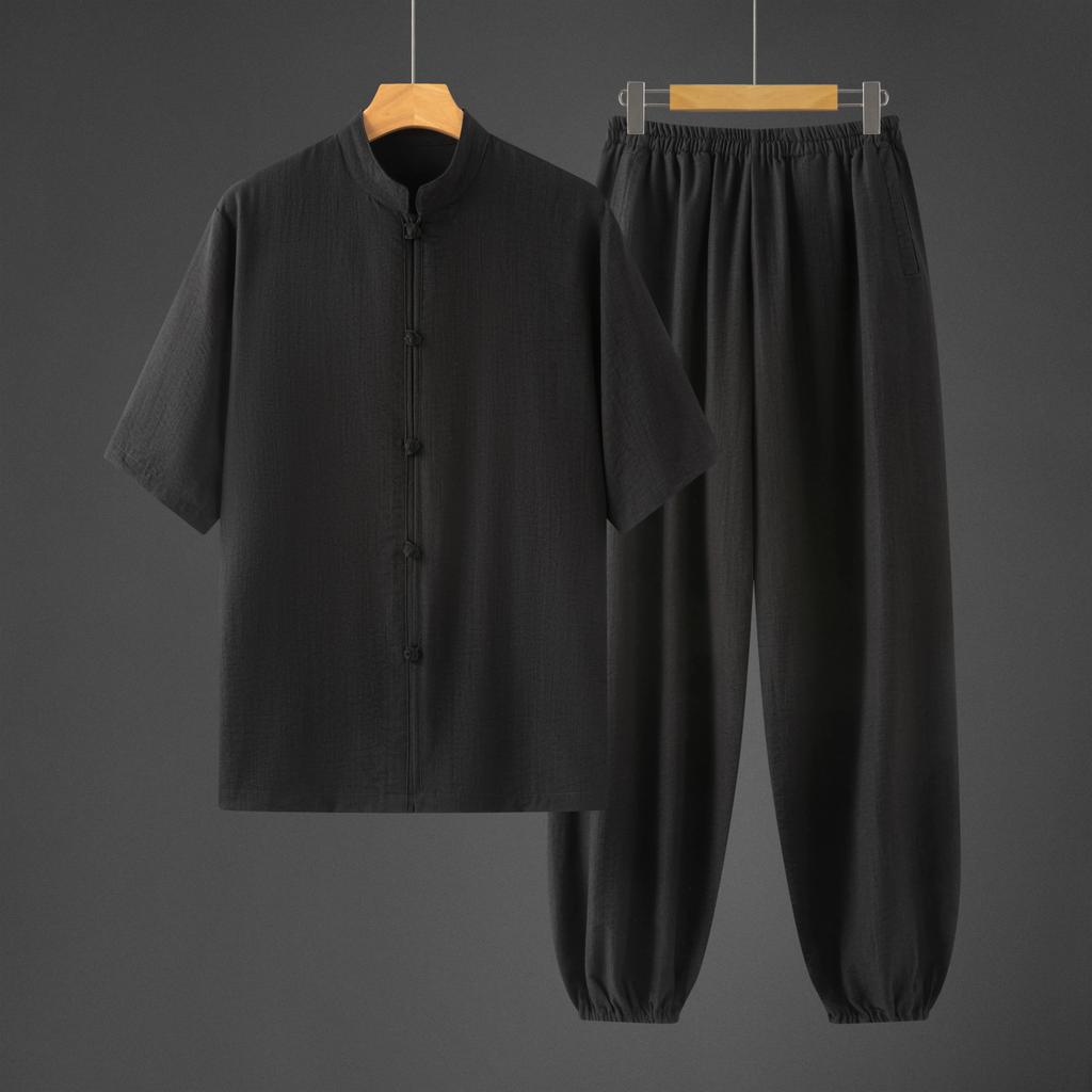 Men's Summer Thin Chinese Style Kung Fu Shirt Set Tea Zen Clothing Men Breathable Cotton Traditional Outfit Man Hanfu Tang Suits