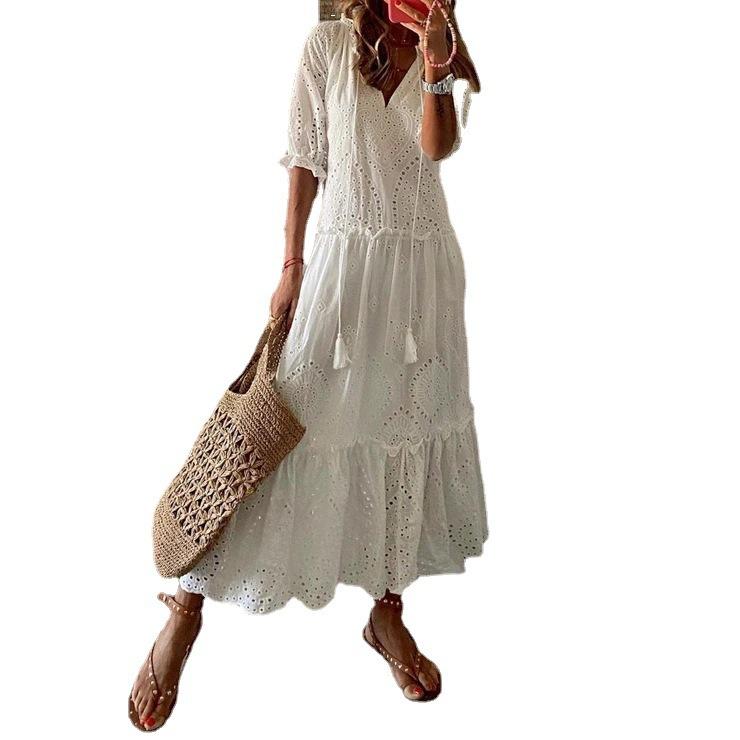 Sommer Baumwolle Weißes Kleid für Damen Lässig Häkelspitze Bohemian Locker Strand Langes Kleid Damen Übergröße Feiertags Rüschenkleid