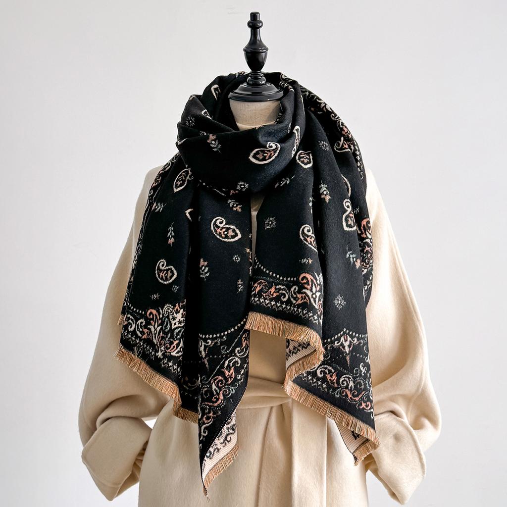 Fashion Faux Cashmere Winter Shawl For Women Vintage Pattern Tasseled Scarf Warm Wrap Stylish Accessory Ideal For Winter Wear