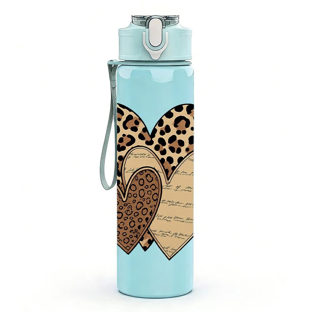 1PC Leopard Texture Twin Hearts 750ml Color Plastic Sports Water Bottle Leakproof Flip Straw Lid For Sports Office Home Use