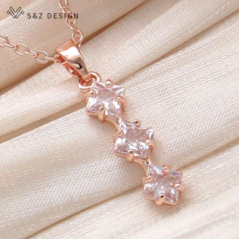 Fashion Rose Gold Color Square Cubic Zirconia Pendant Necklace For Women Wedding Party Jewelry Gift