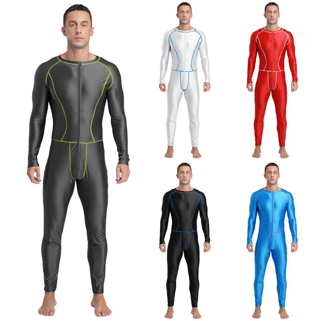 Tuta sportiva lucida da uomo S-3XL: Bodyaderente con Cuciture Piatte, Zip Frontale e Maniche Lunghe per Allenamento & Recupero