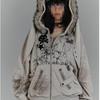 Y2K Autumn and Winter Street Retro Printed Zipper Hooded Sweatshirt