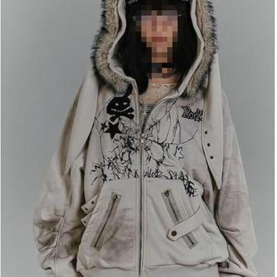 Y2K Autumn and Winter Street Retro Printed Zipper Hooded Sweatshirt