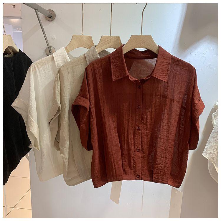 Loose Short Sleeve Shirt Women's Roll Up Sleeve Design Summer New Style Anti-Aging Fashionable Top Small Audience Design