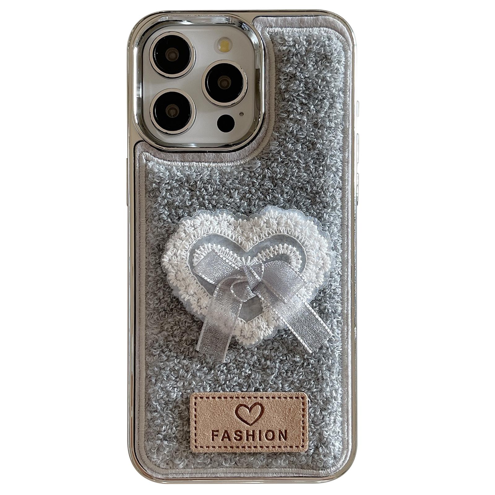 

For iPhone 15 Pro Max Case 3D Lace Heart Towel Felt Texture TPU Electroplating Phone Cover A