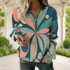 Women Plus Size V Neck Front Zip Blue Beige Watercolor Printed Long Sleeve Sweatshirt