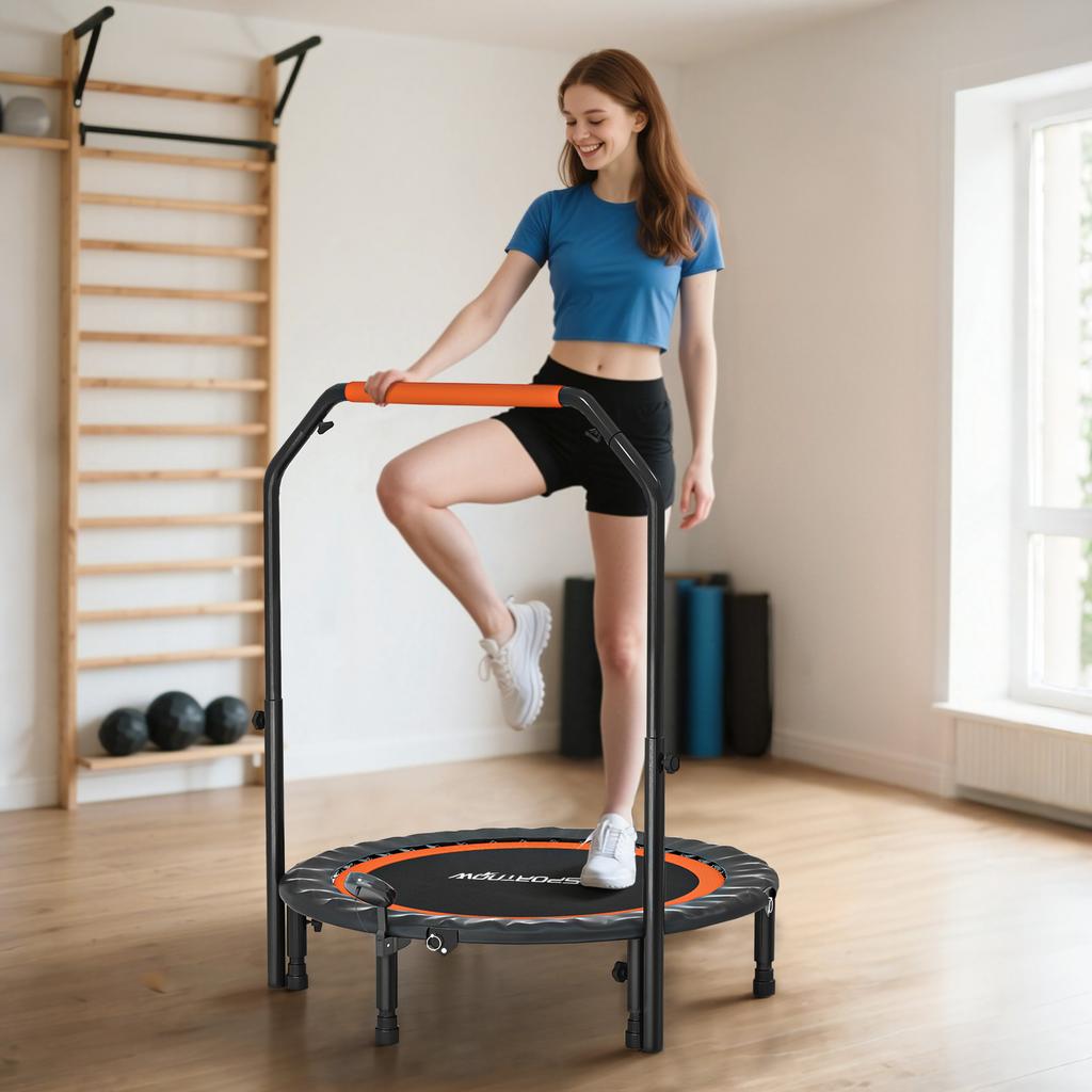 Mini Trampoline With Height Adjustable Handlebar LCD Monitor Steel Black And Red Diameter 102 X 99 123 Cm