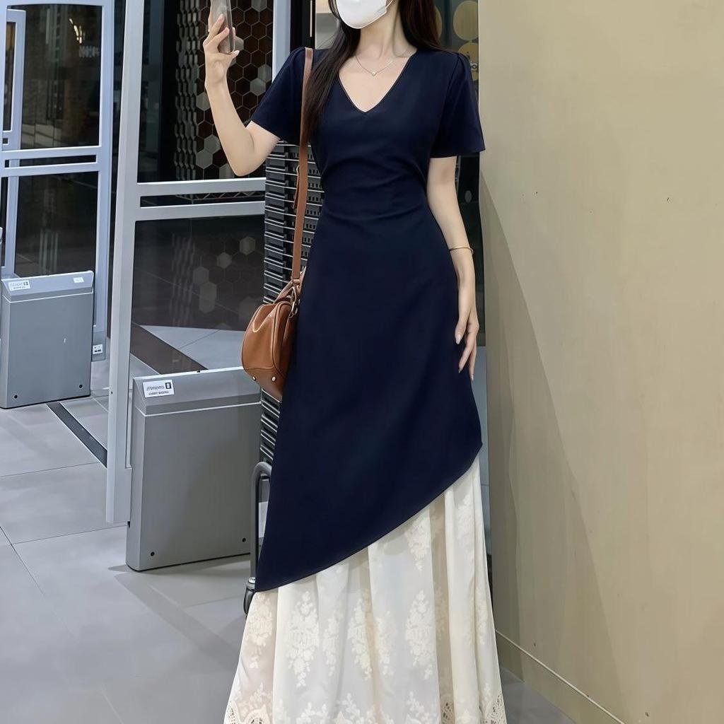 Elegant Plus Size Patchwork French Short-Sleeve Dress - Spring/Summer 2026