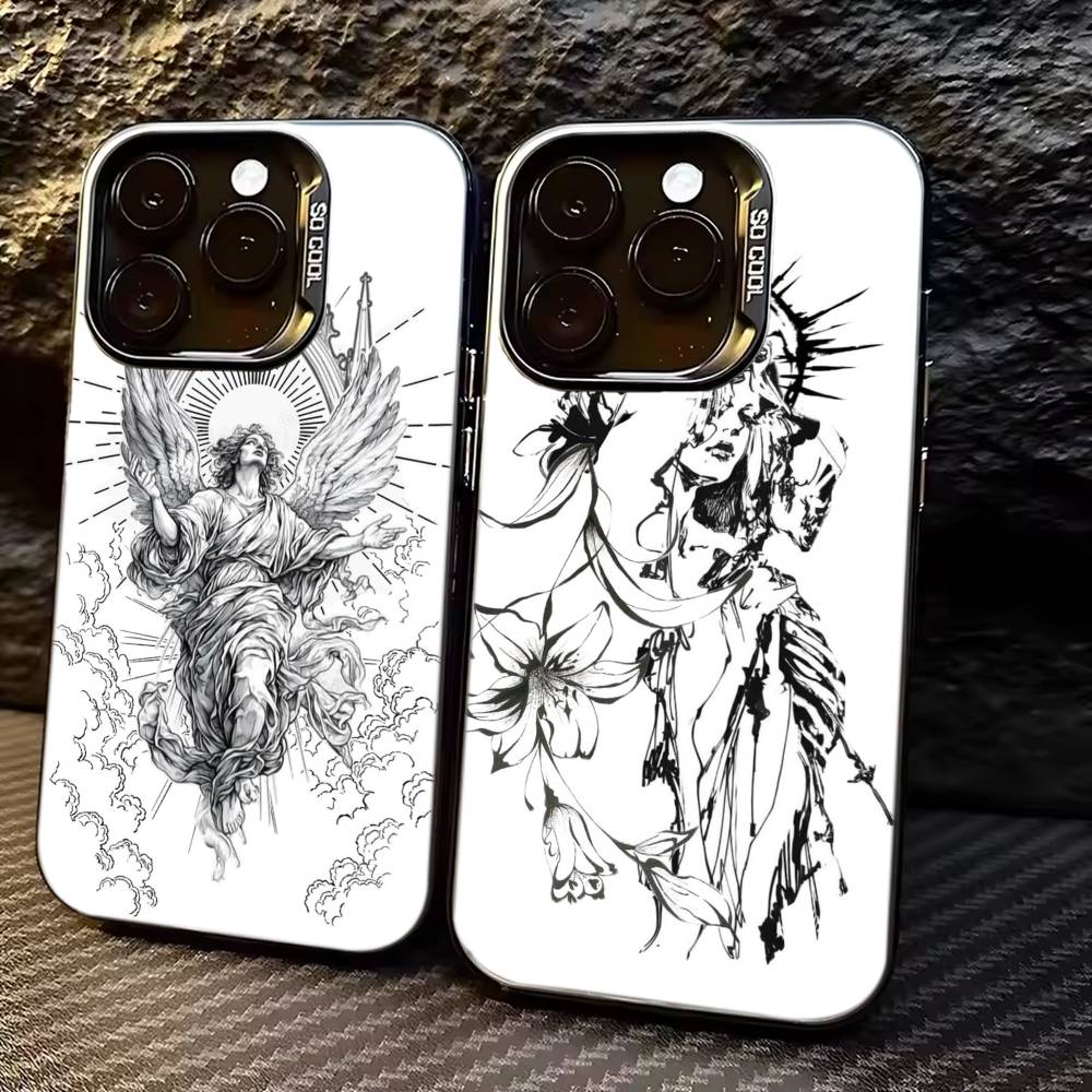 Middle Ages Retro Angel Phone Case For iPhone 17,16,15,14,13,12,11 Plus,Pro Max,XS,Colorful Silver Black Cover