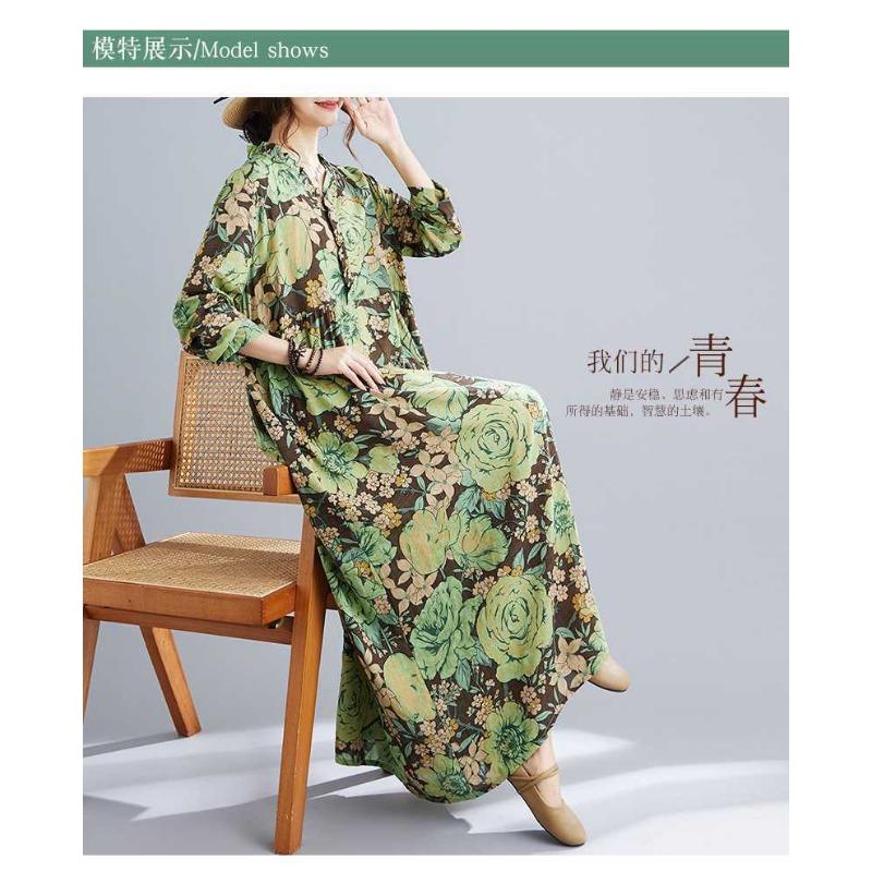 Neue Böhmische Vintage Bedruckte Lockere Bauchbedeckende Langarm Großer Schwung Lange Kleider