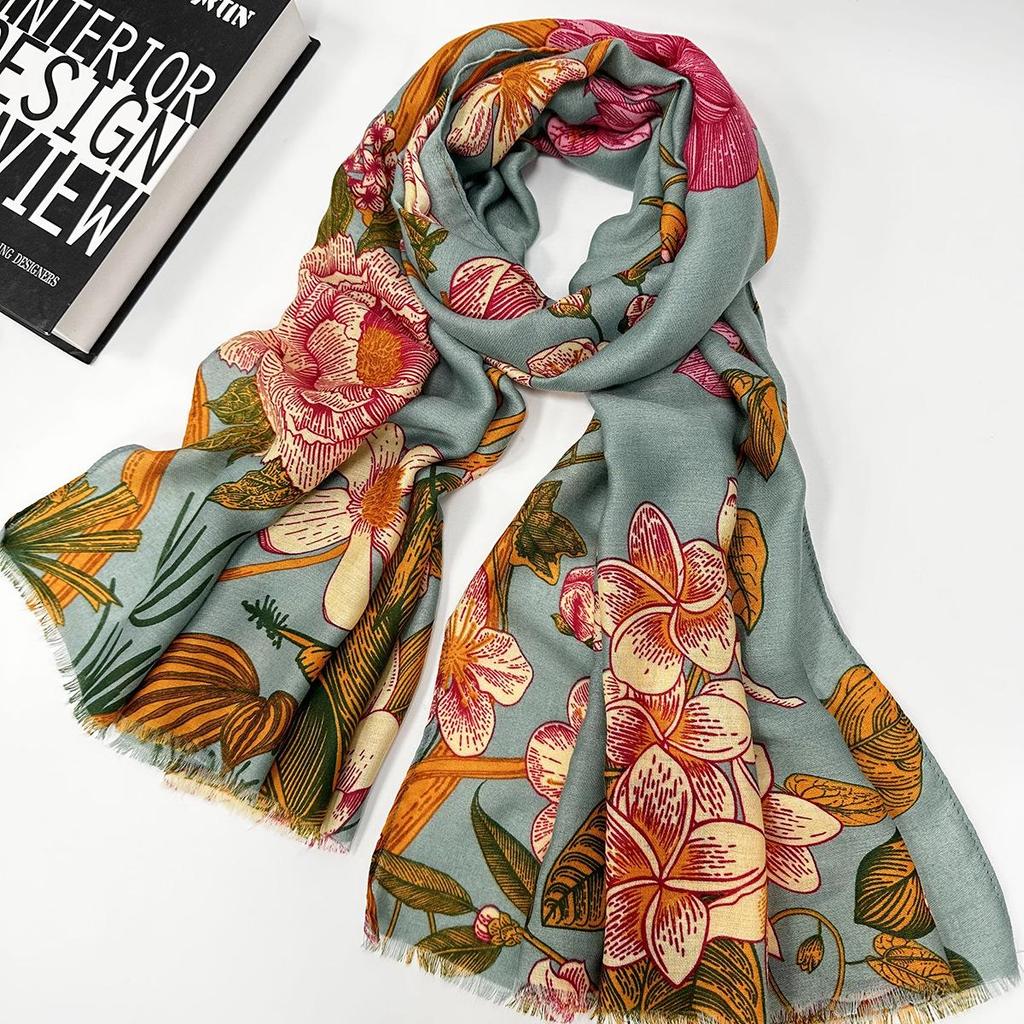 Color Block Retro Floral Cotton Linen Tassel Scarf for Women - Medium Thickness, Autumn/Winter Fashion Shawl