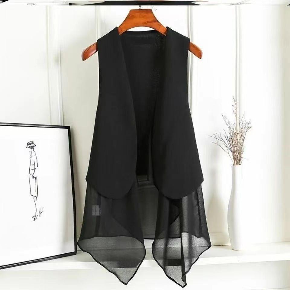 Summer Women Chiffon Vest Long Sleeveless Irregular Waistcoat Lightweight Asymmetrical Casual Outerwear