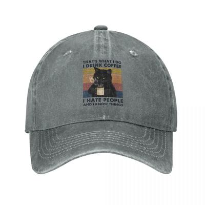 Vintage Waschung Ich trinke Kaffee Ich hasse Leute Und ich weiß Dinge Baseballkappe Herren Damen Hut Verstellbar Katzenliebhaber Kappe Gorras