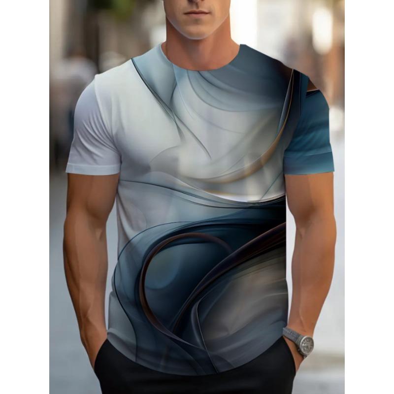 Men S 3D T-Shirt for Dining, Showcasing an Abstract Pattern, Lightweight And Sturdy, Comfortable Fit in White And Blue Tones S