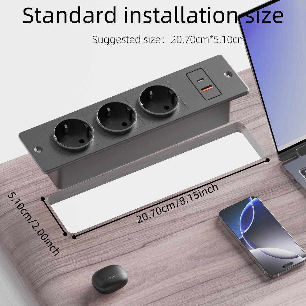 Recessed Power Strip 3 AC Outlets Fast‑Charge USB‑A USB‑C Built‑in Socket Desktop Power Hub for Desk Cabinet Conference Table