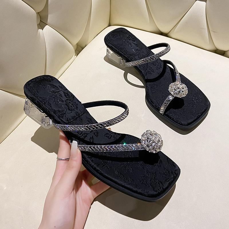 Women wearing slippers 2025 new fashion national style embroidery thick heel crystal toe high heel elegant cool slippers women