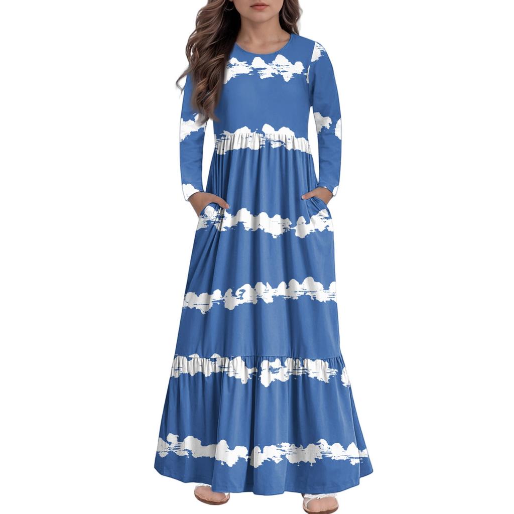 Maxikleid für Mädchen, lässige Urlaubskleider - Langarmkleid mit Taschen für 4-14J