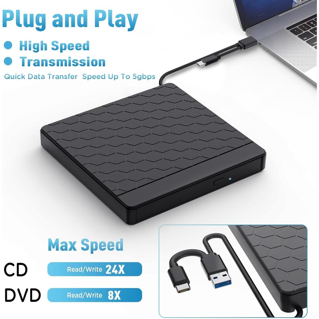LJIAL External CD/DVD Drive for Laptop, USB 3.0 CD Burner with 2 USB Ports and 2 TF/SD Card Slots DVD Player for Laptop Mac PC