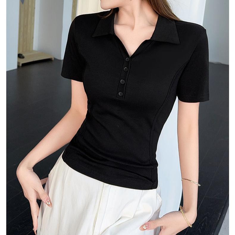 Letni Damski T-shirt Polo Krótki Rękaw Wyszczuplający Modny Top Casualowy Strój do Pracy
