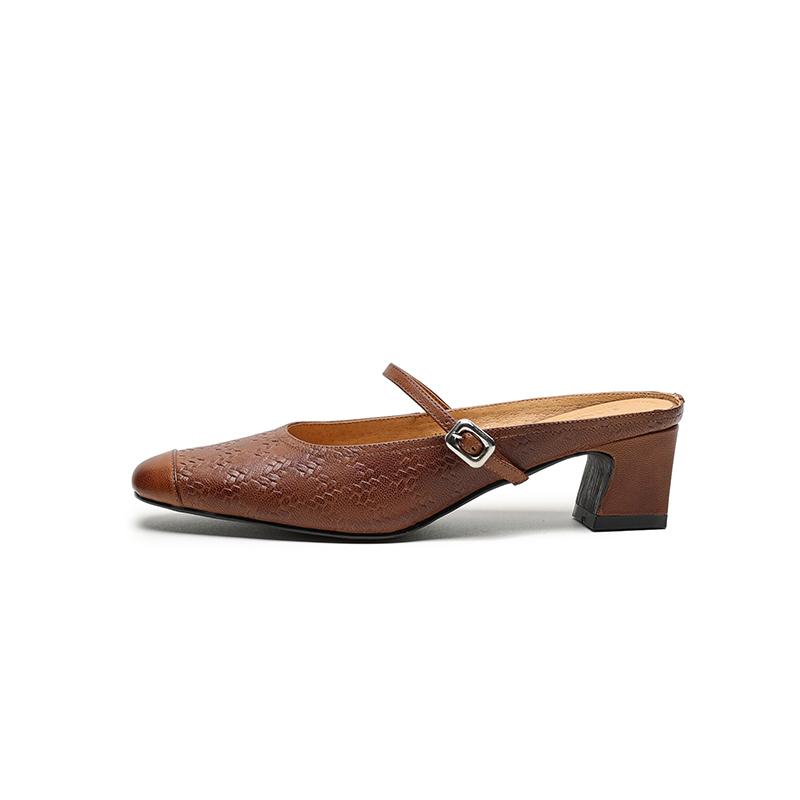 Fashion 2025 NEW Summer Women Mules Genuine Leather Women Shoes Square Toe Chunky Heel Cover Toe Slingback Sandals Modern Slippers