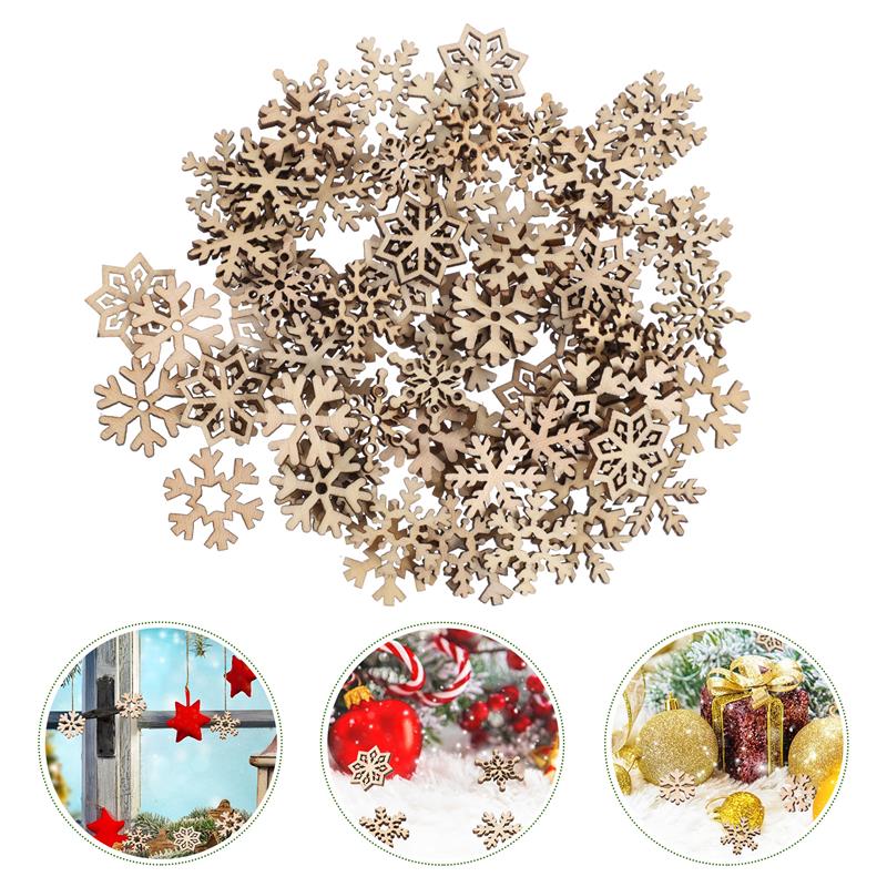 50pcs Christmas Snowflake Wooden Pieces Wooden Cutouts Craft Christmas Snowflake Ornament Christmas Decoration For DIY