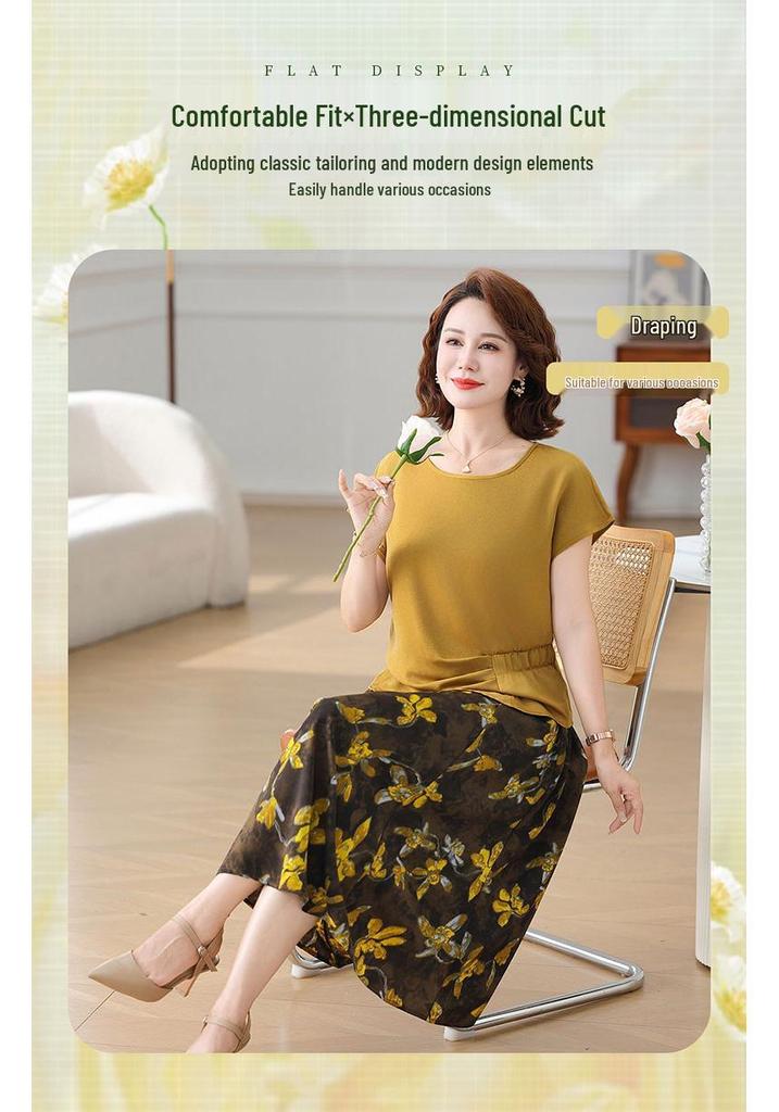 Summer 2025 Mom's Short-Sleeve T-shirt & Skirt Set for Middle-Aged Women