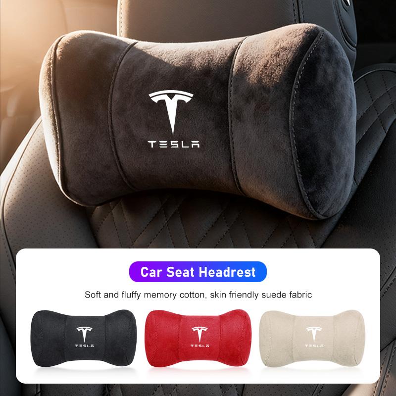 AMM1 High Quality Suede Car Headrest Auto Seat Neck Soft Pillow For Tesla Model 3 Model S Model X Model Y Cybertruck Roadster SpaceX