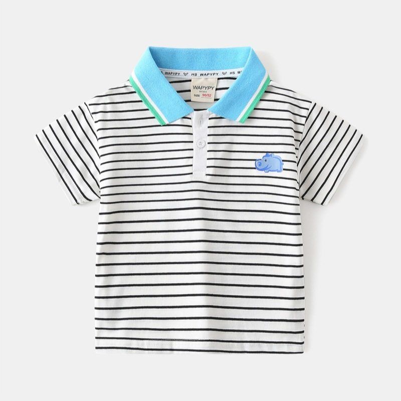 Boys Striped Short-Sleeve T-Shirt, Children s Polo Shirt, Korean Style Baby Half-Sleeve Collared Rhino Pullover, Color-Blocked Top White Stripes 100cm