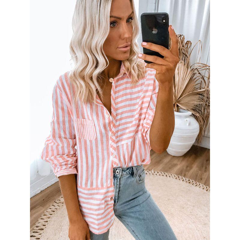 Early Spring 2025 New Arrival Work Clothing All-Matching Striped Shirt Women Fashion Fashion Colorblock Single-Breasted Long Sleeve Shirt Women