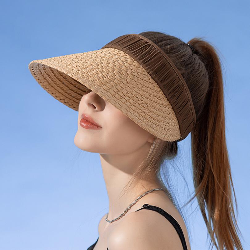 Designer Empty Top Hat Women Pleated Hair Hoop Spliced Breathable Straw Hat Outdoor Large Brim Sun Protection Summer Beach Cap