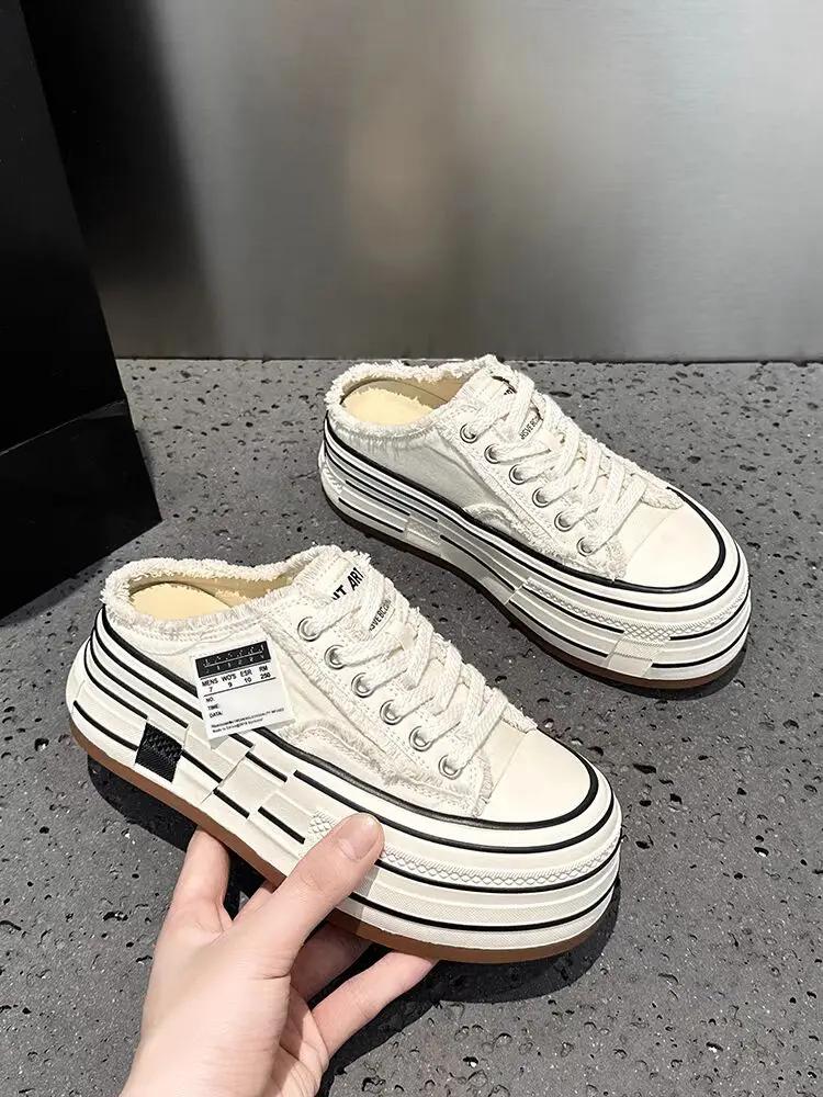 Women's Slippers Canvas Platform Sole Lace-up Decoration Round Toe Women's Mules Leisure Dress One Kick 2025 Zapatillas De Mujer
