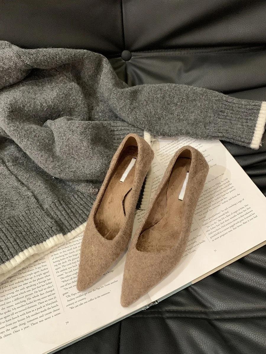 

Модные французские черные туфли на высоком каблуке Остроносые женские туфли-лодочки Новые меховые туфли для работы Уличные удобные женские туфли-лодочки 2025 Zapatos 39 хаки