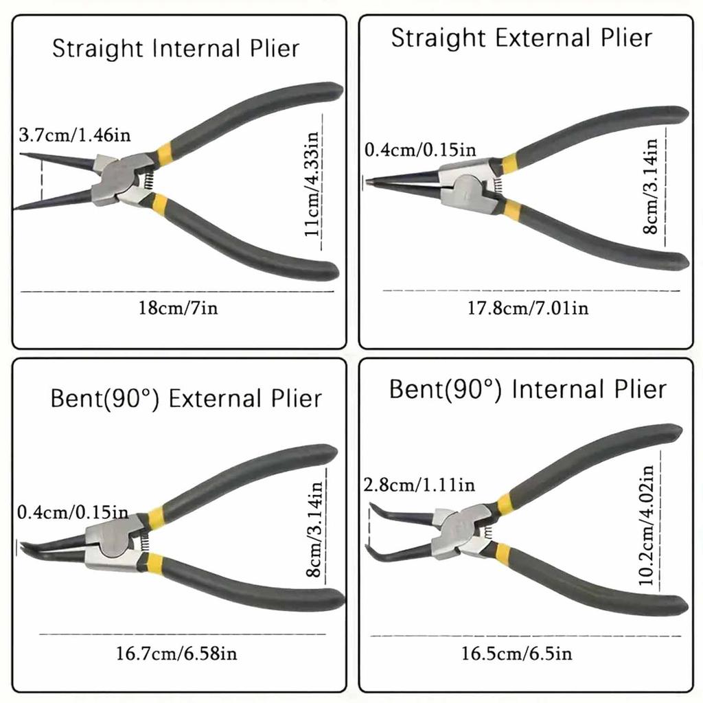 4pcs Circlip Plier Set 7'' Long Nose Plier Staight Bent Plier Inner Outer Staight Bent Plier Retaining Snap Ring Remover Tool
