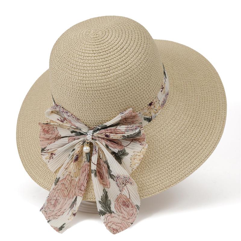 

Beach Hat Women S Summer Face Covering Uv Protection Small Floral Bow Sun Hat Seaside Vacation Big Brim Versatile Straw Hat M（56-58cm） бежевий