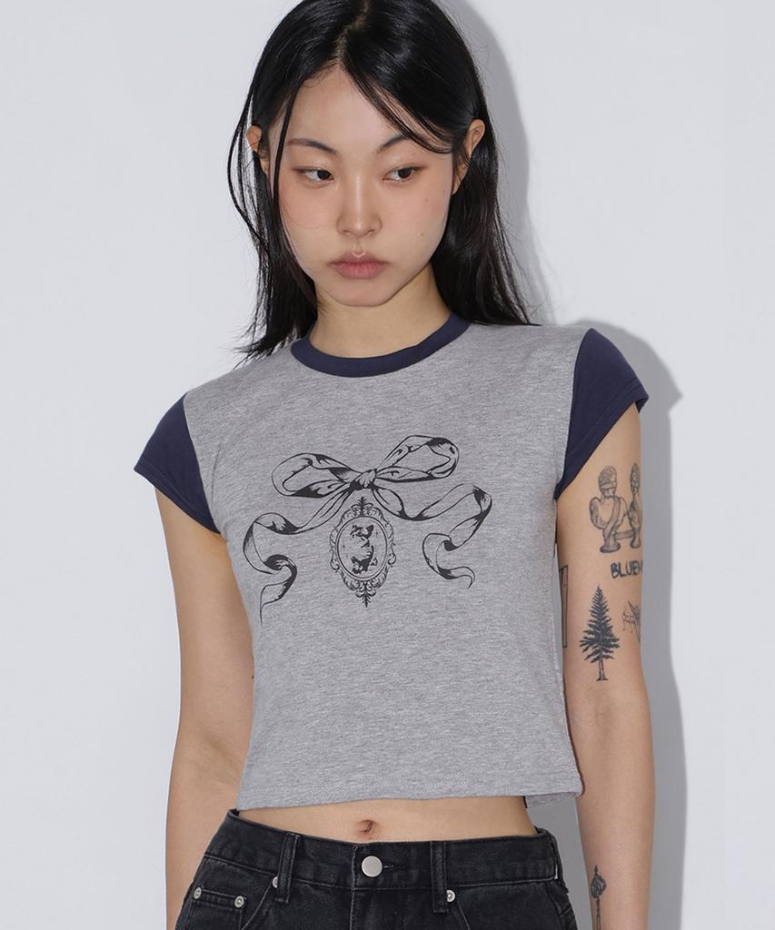 CHICKS Ribbon Kitsch Color Block Cap Sleeve Tee Melange