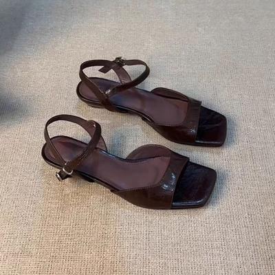 Fashion New Style Fashion Women's Vintage One-Word Buckle Sandals Women's Square Toe Shallow Mouth Low Heel Non-Tired Feet Roman Shoes