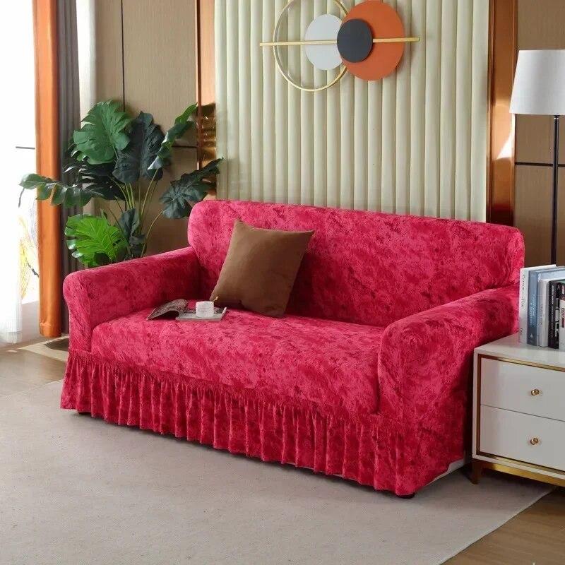 Sofaovertrekk med stort skjørt i europeisk stil, universalstoff for alle fire årstider, sklisikkert sofaovertrekk, full dekning, sofahåndkle med pute