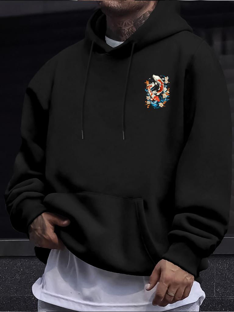Ukiyo-e Style Auspicious Twin Koi Floral Wave Back Pattern Men Hip Hop Sports Hoodie Long Sleeve Loose Athletic Pullover
