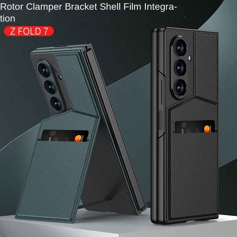 Leather Stand Holder with Credit Card Slot Glass Protector Phone Case for Samsung Z Fold 7 Galaxy Z Fold7 Lens Protect Cover