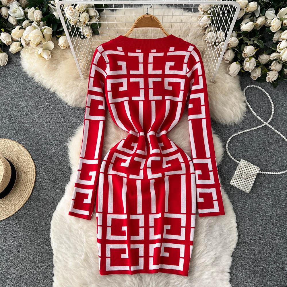 Spring Autumn V-neck Geometry Pattern Knitted Sweater Dresses Women Full Sleeve Mini Slim Bodycon Pencil Dress