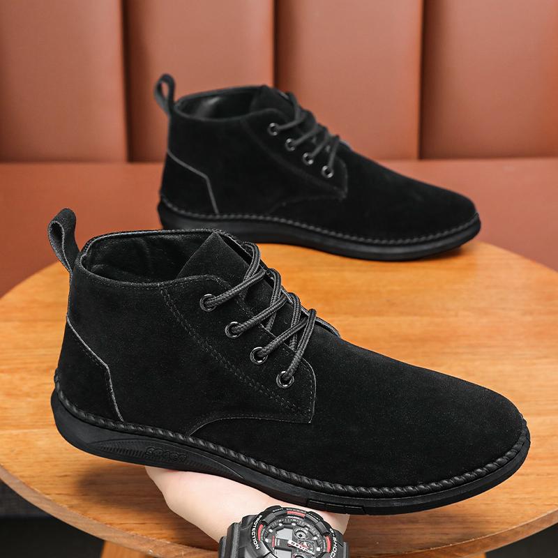 Autumn Spring Men's High Top Casual Board Shoes Men's Lace Up Suede Black Flat Bottom Short Boots Men's Chelsea Boots