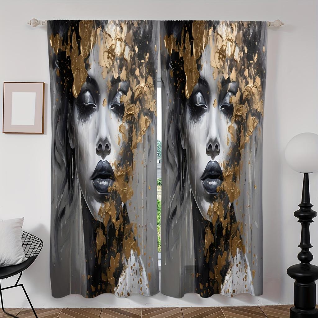 2-teiliges Set Elegante Marmoroptik Frau Digitaldruck Vorhänge Stangentasche für Wohnzimmer Schlafzimmer Fenster Klassische Heimdekoration