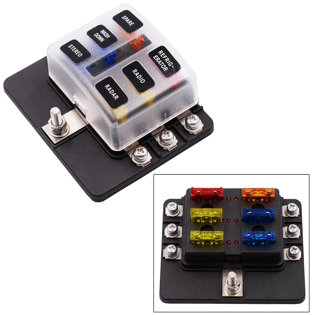 Protective Components Fuses and Accessories for Car Blade Fuse Box Holder 6 Ways Modified Terminal Block with LED Warning Light Electronic Accessories