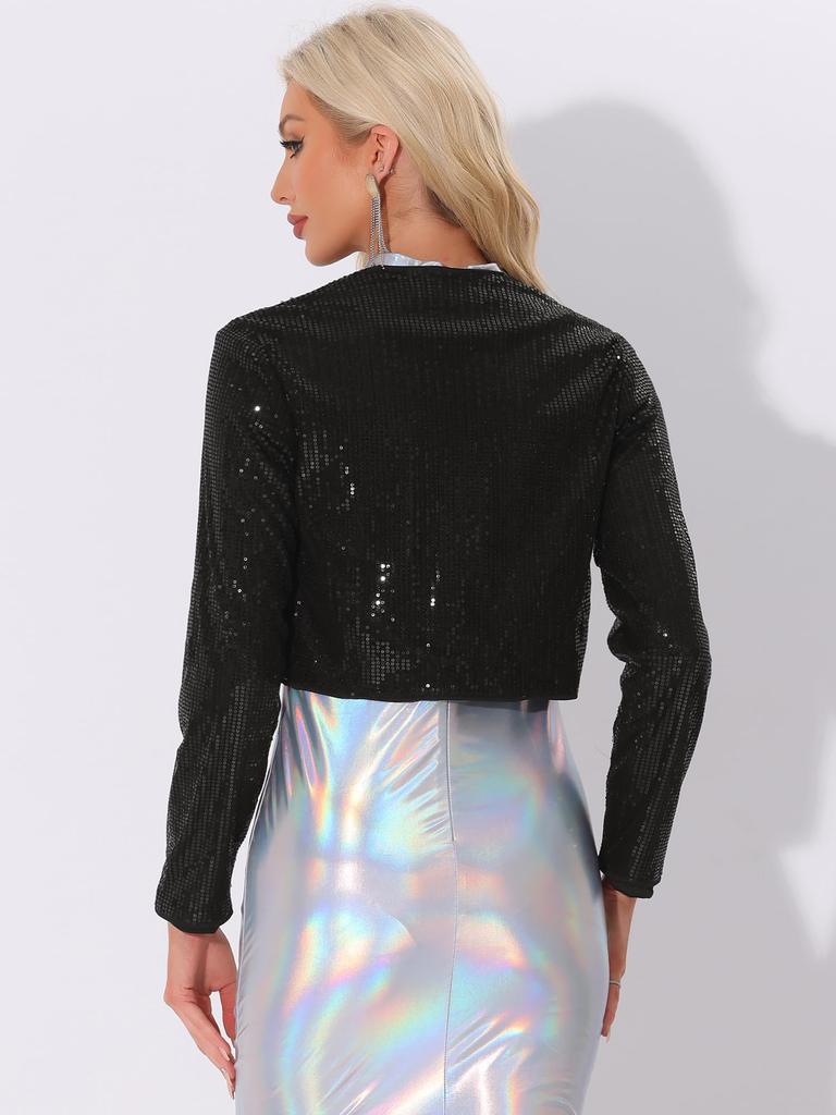 Allegra K Women's Halloween Costume, Sequined Jacket with Open Front, Cropped, Sparkling Bolero and Shrug, Black, Size M