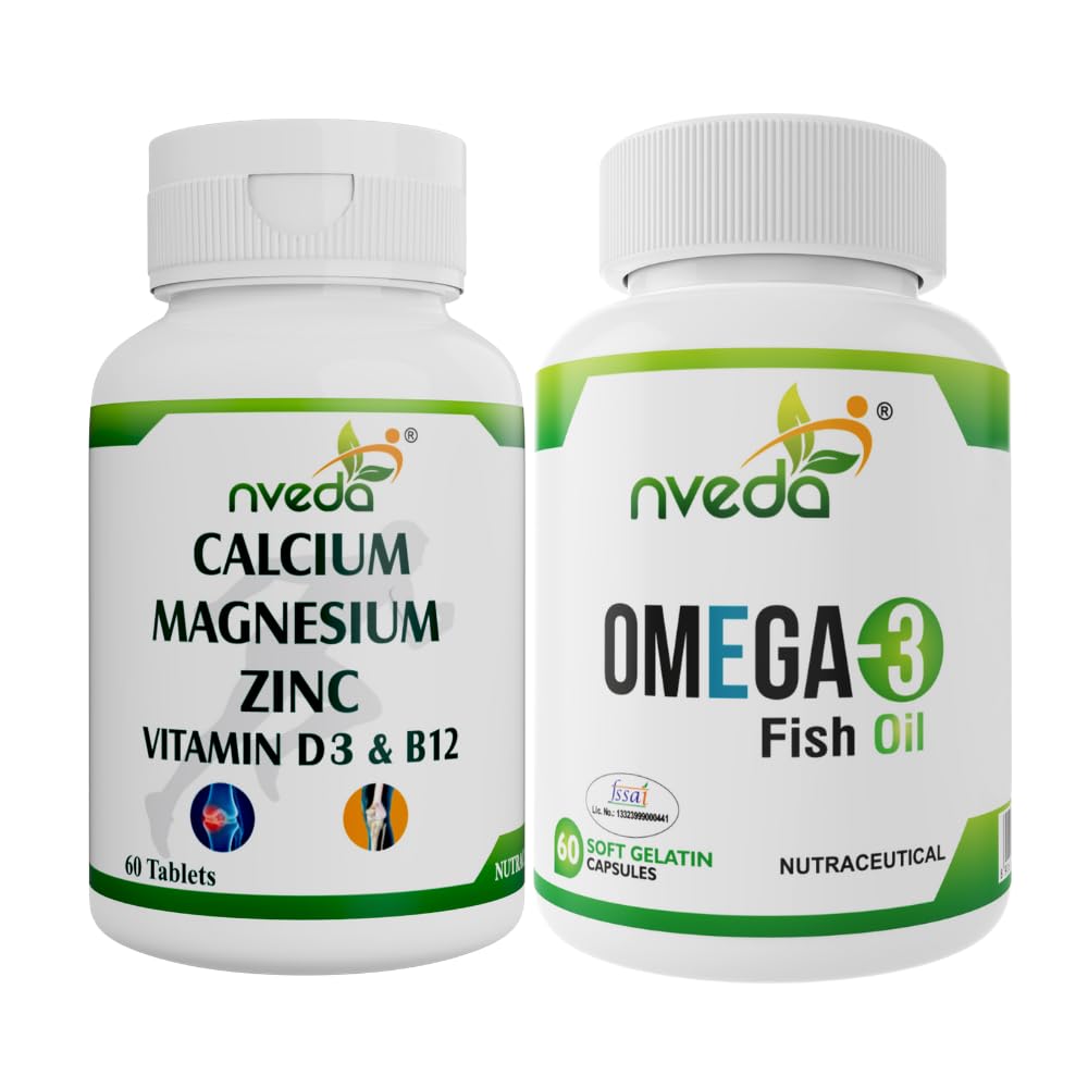 Nveda Omega 3 Fish Oil Capsules for Men & Women with Calcium Magnesium Zinc Vitamin D B12 60 Tablets Combo Pack